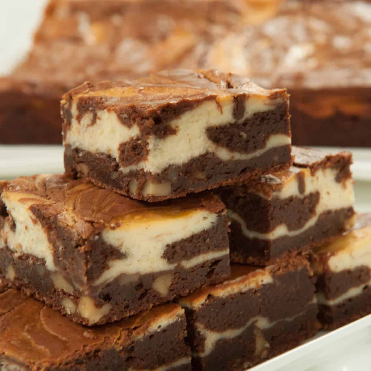 A stack of Santa Fe Brownies in front of a sheet of them.