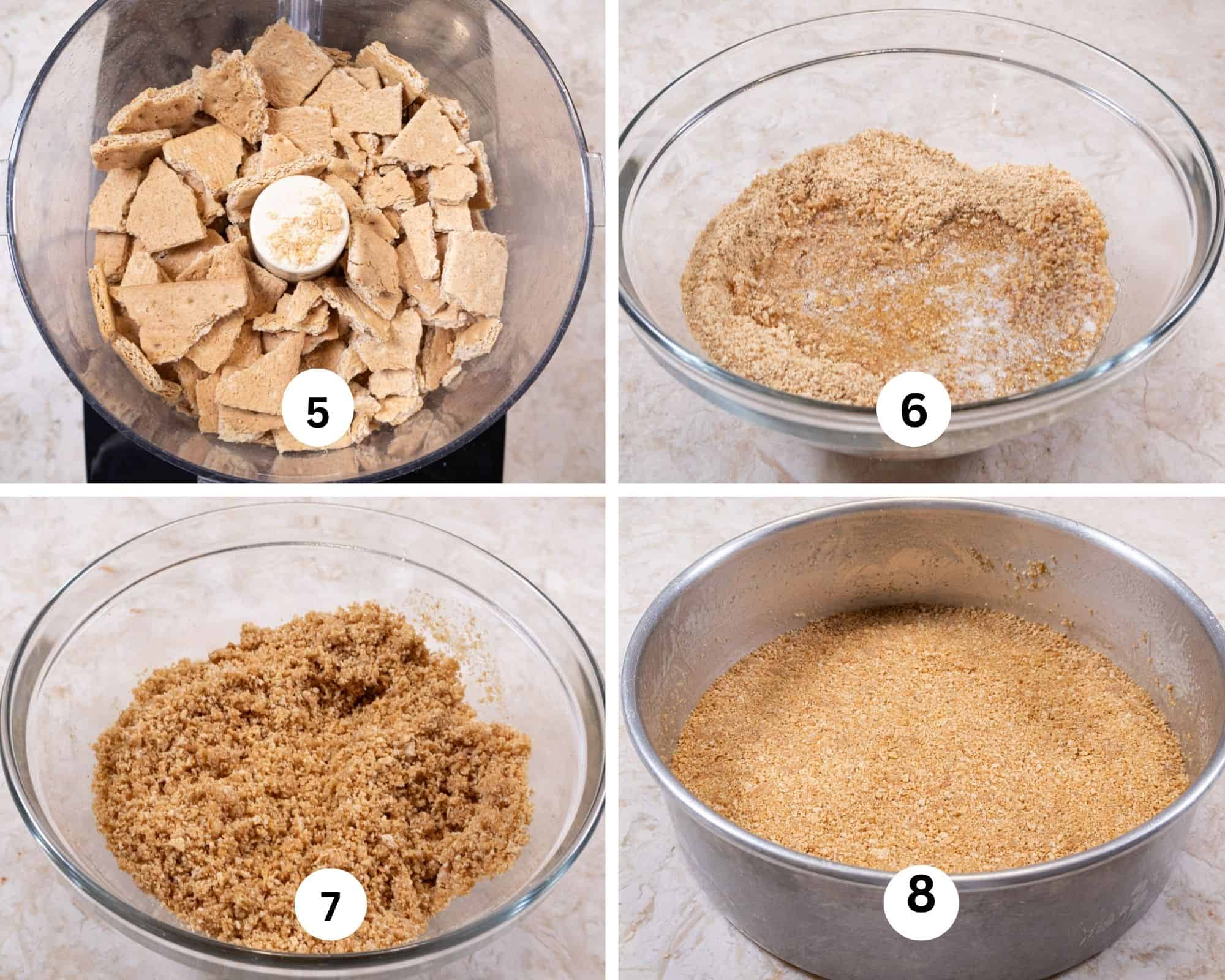 This collage shows the crust being made:  the grahamm crackers are in the bowl of a food processor then moved to a bowl, the melted butter is added, the crumbs are tossed with a fork to coat with the butter and thenn pressed into the cheesecake pan. 