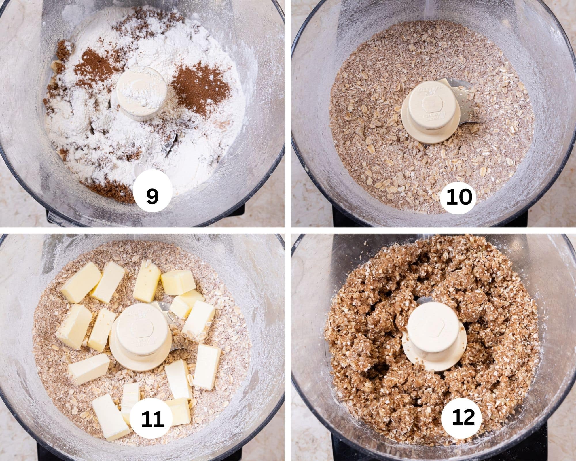 To make the crisp topping, the dry ingredients a put into the processor, they are processed, the cold butter is added in chunks and everything is processed until crumbs form. 