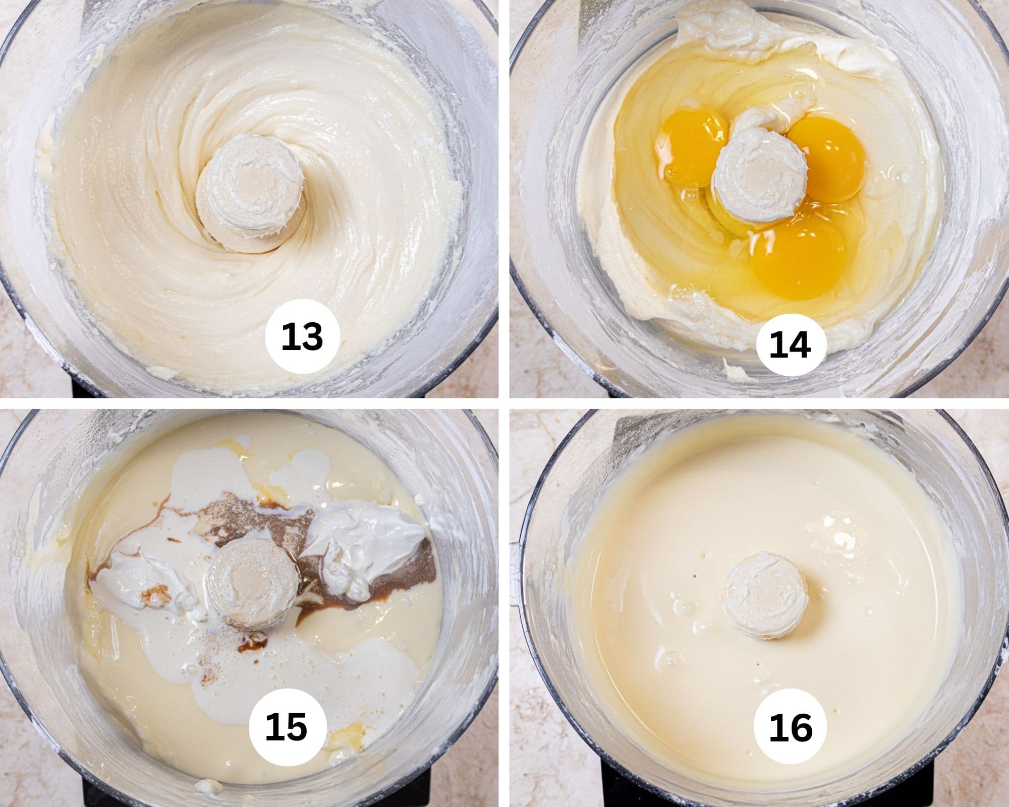 This collage shows the cheesecake filling being made by putting the cream cheese, sugar and cornstarch in the processor, adding the eggs, then sour cream, heavy cream and vanilla and processed until mixed.