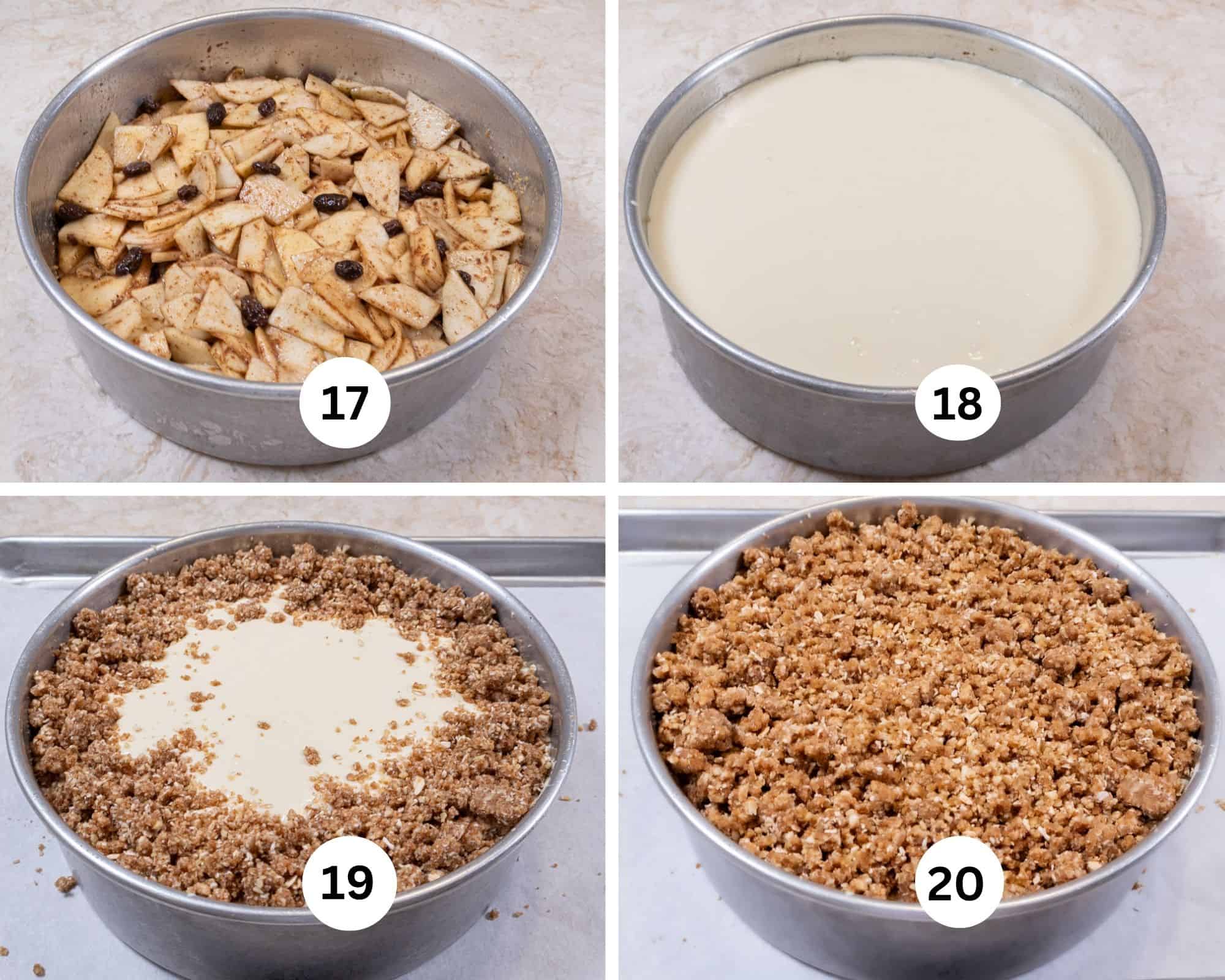 This collages shows the assembly - the apples are added to the crust, the cheesecake filling is poured in and the apple crisp topping is added to the top. 