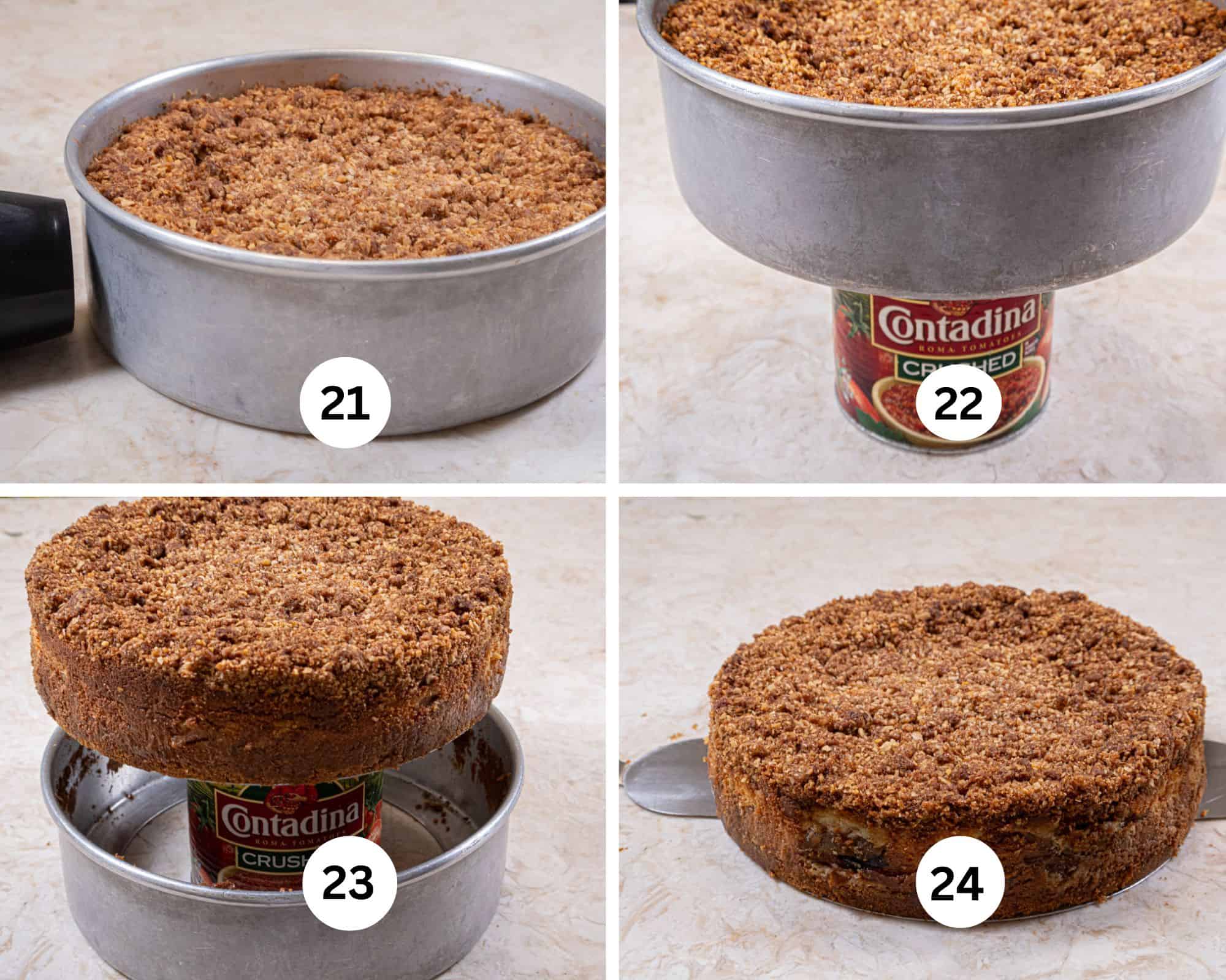 The final collages shows the hair dryer next to the outside of the cheesecake pan, the cheesecake placed on a can, the bottom slid down and tow pancake turners under the crust to move it to a serving plate. 