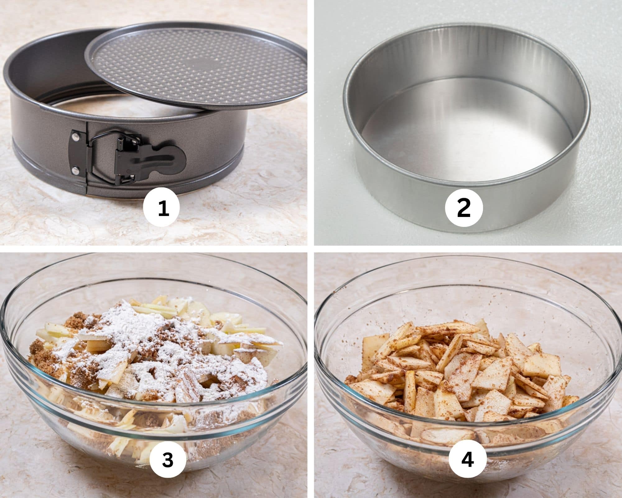 The first collage for the Apple Crisp Cheesecake shows two different cheesecake pans one  with a spring release and one without, the ingredients for the apple filling in a bowl and then mixed. 