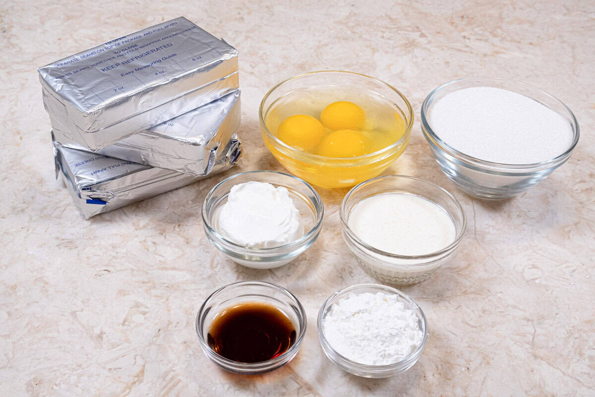 The cheesecake includes, cream cheese, granulated sugar, cornstarch, sour cream, eggs, heavy cream and vanilla. 