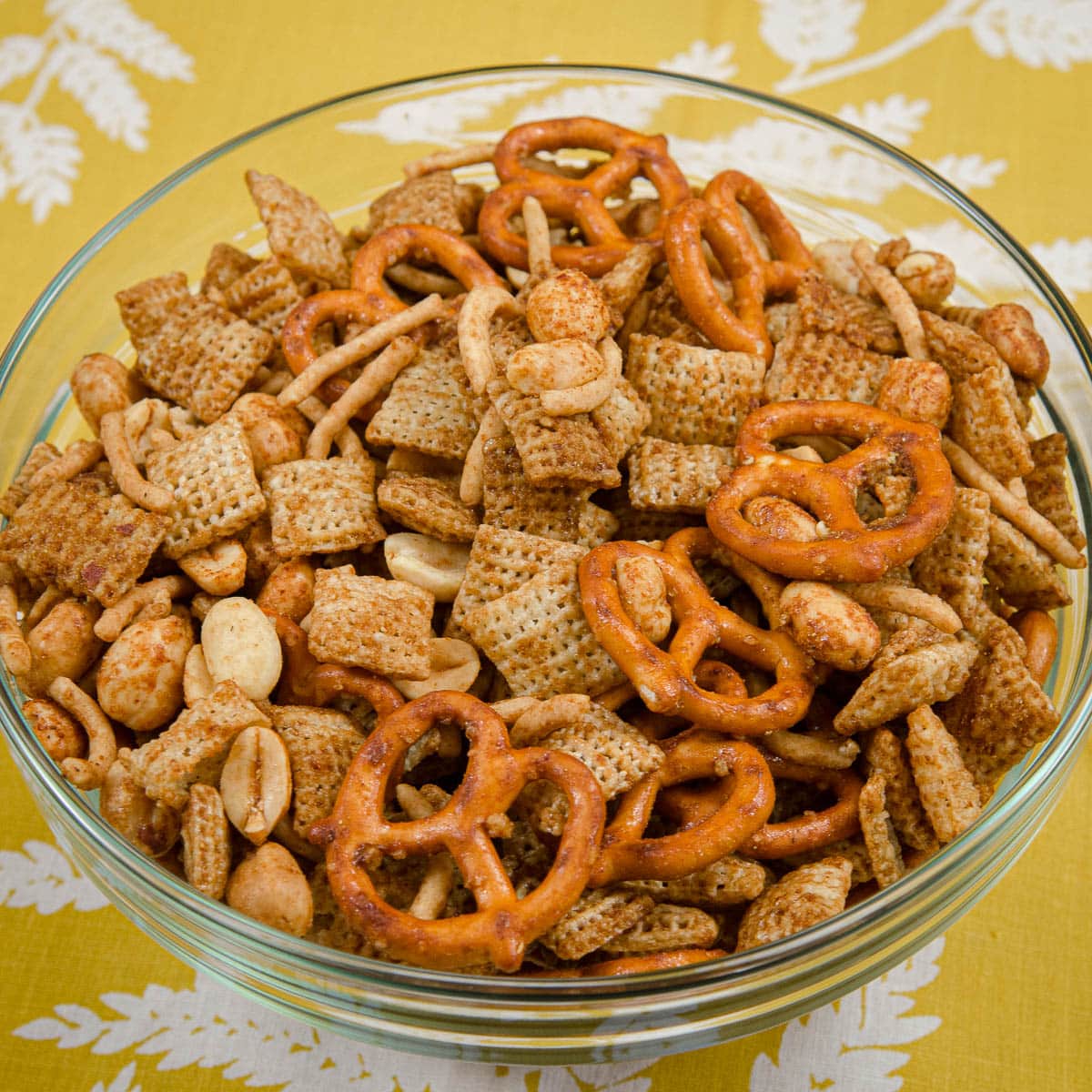 Hot Curried Party Mix in a bowl