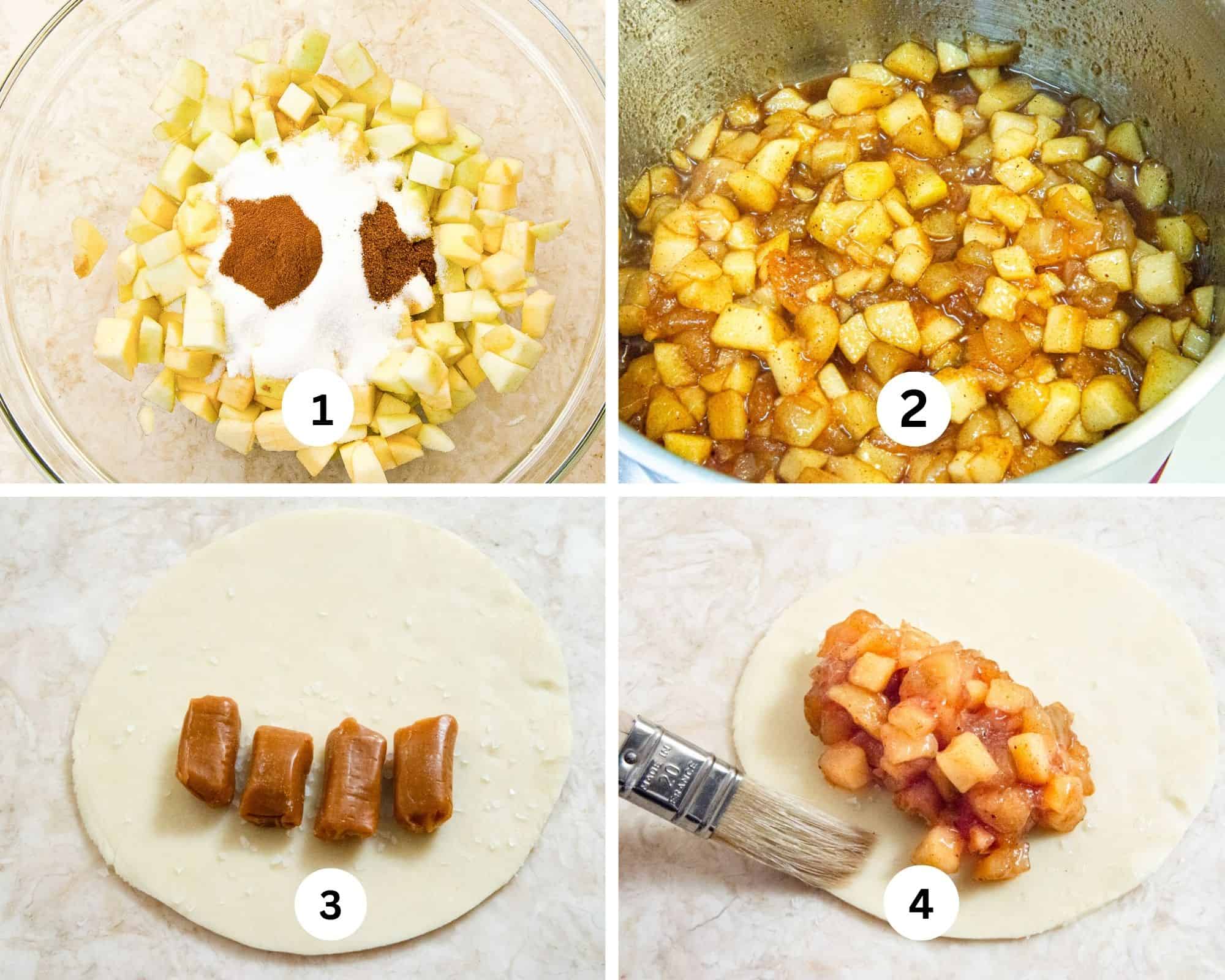 This collages shows the ingredients for the apple filling in a bowl, then cooked, the caramels on a round of dough the apples on top of the caramels and the pastry being wet on the edge. 