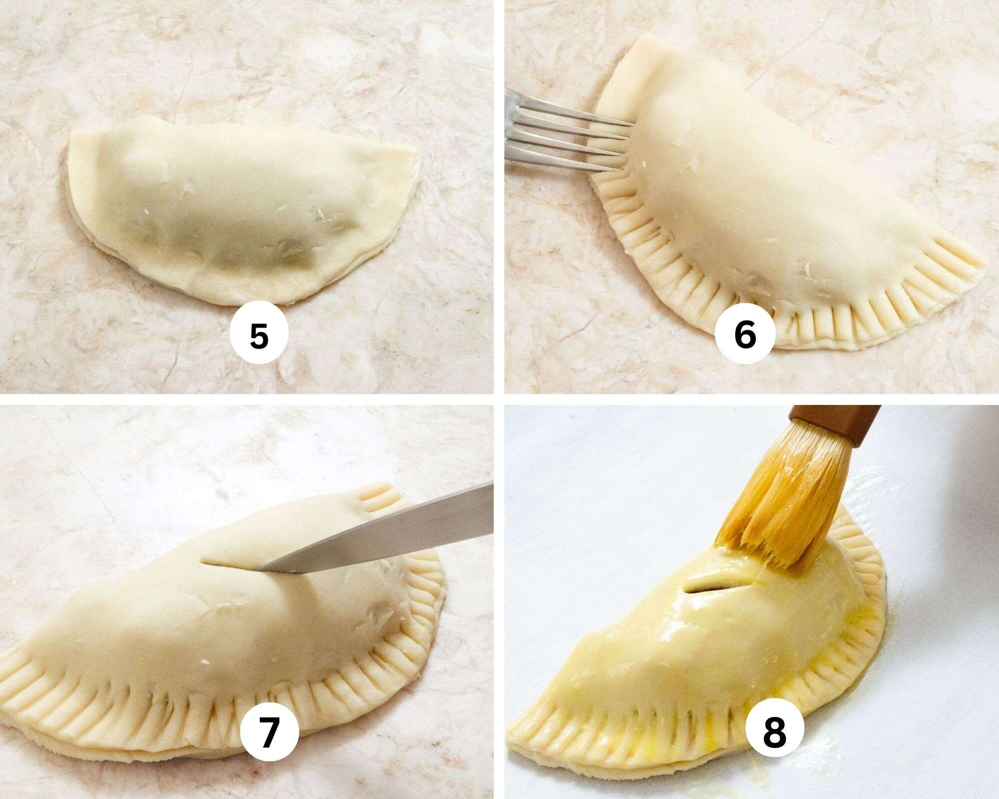 This collages shows the top of the cicle of dough covering the filling making a half moon, the edges are crimped with a for, a slit is cut in the top and the hand pie is brushed with an egg wash.