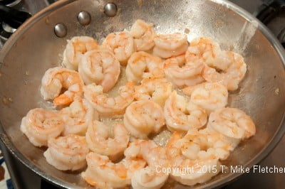 Cooked shrimp in the pan for Seafood Crepes