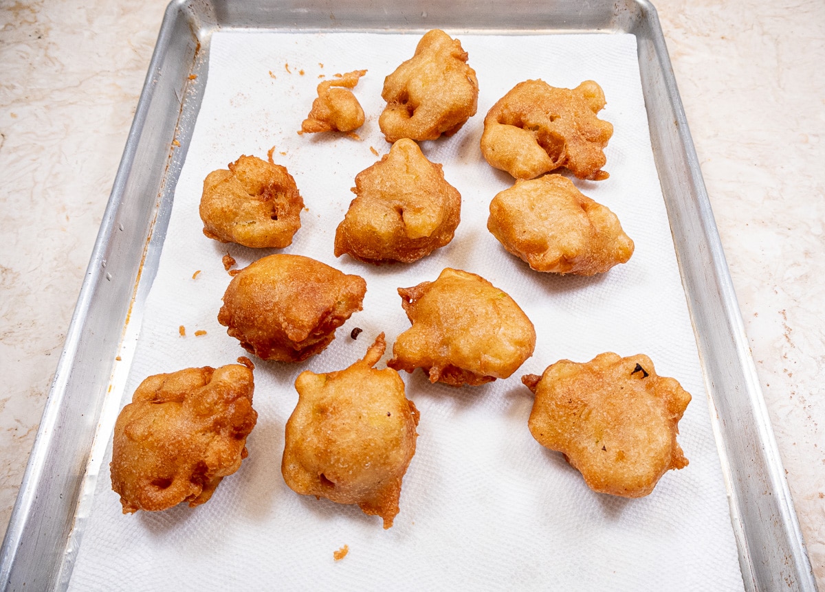 Fried Apple Fritters draining