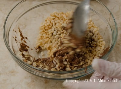 Combining base ingredients for Hazelnut Crunch Bars