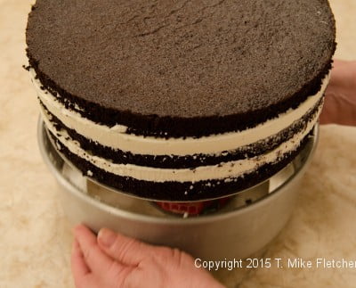Releasing the cake from the pan by sliding the side of the pan down.