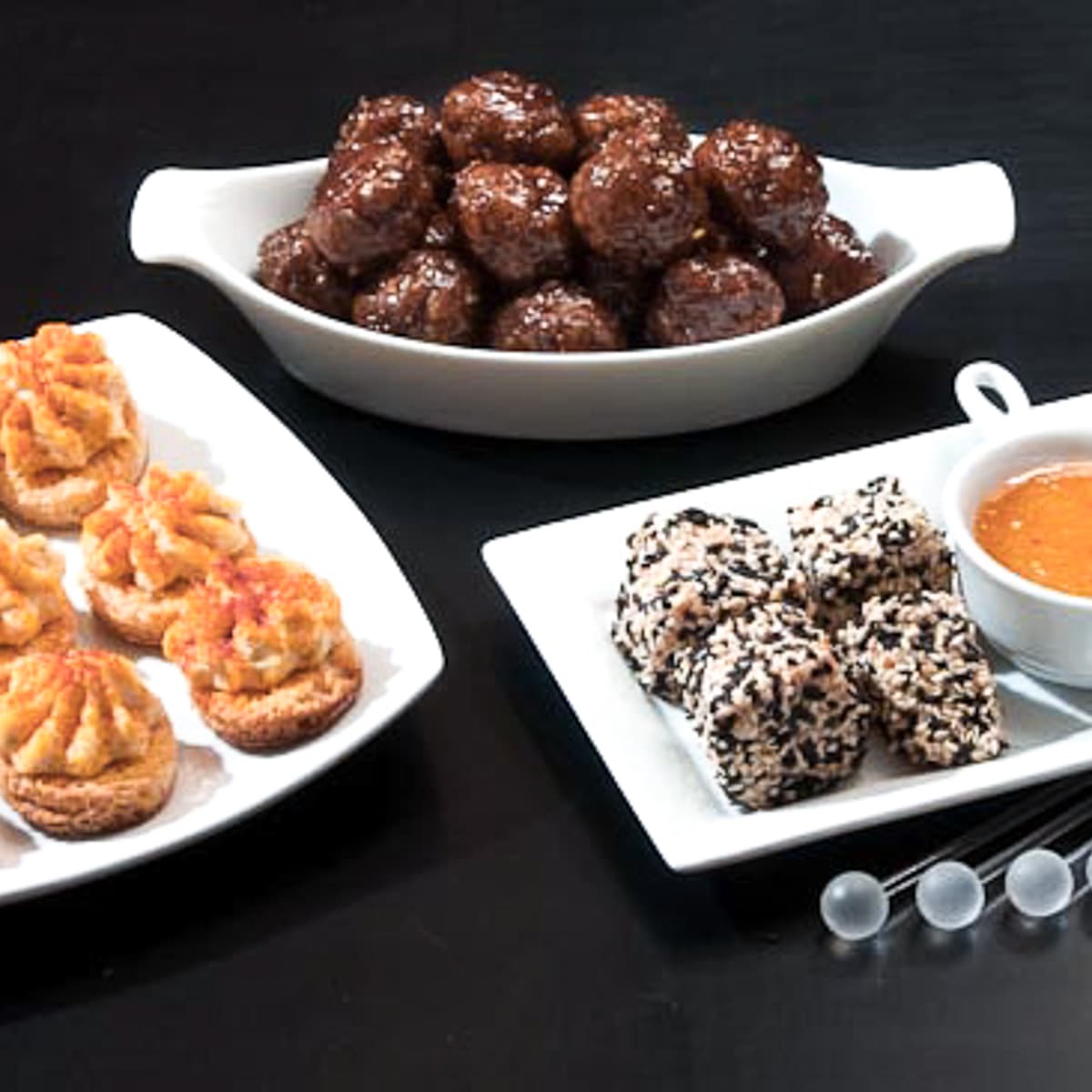 Last Minute appetizers features  a spicy meatball, sesame salmon with an apricot ginger sauce, and artichoke croustades all of which can be made ahead.