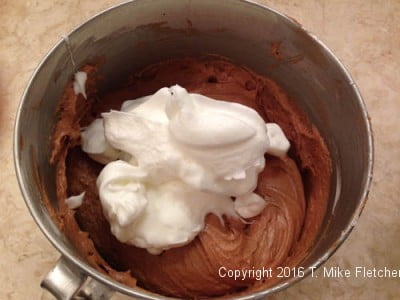 Egg whites to lighten the chocolate batter for One Batter Two Classic Cakes