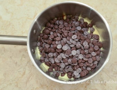 Chocolate in pan for Two Ingredient Fudge Hearts