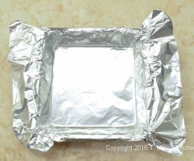 Foil inside of pan for Two Ingredient Fudge Hearts