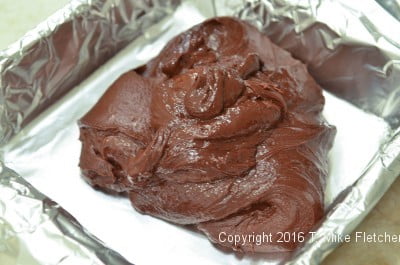 Fudge in prepared pan for Two Ingredient Fudge Hearts