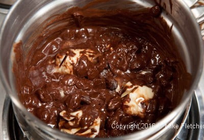 Chocolate and butter melting for the Mocha Kahlua Brownies