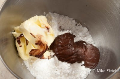 Frosting ingredients in the bowl for the Mocha Kahlua Brownies