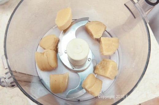 Almond paste in the processor bowl for Almond Macaroons