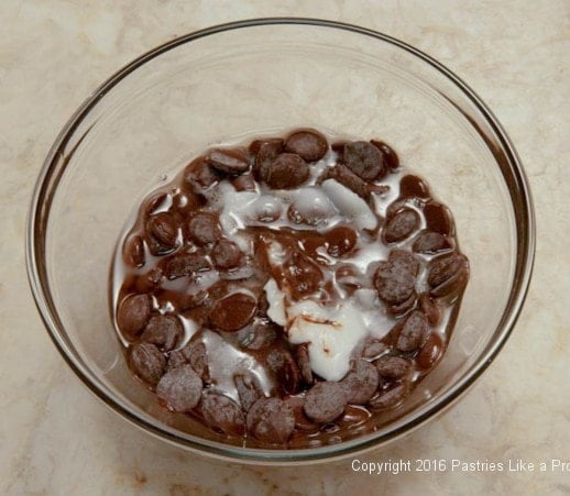 Chocolate and crisco melting for the Almond Macaroons