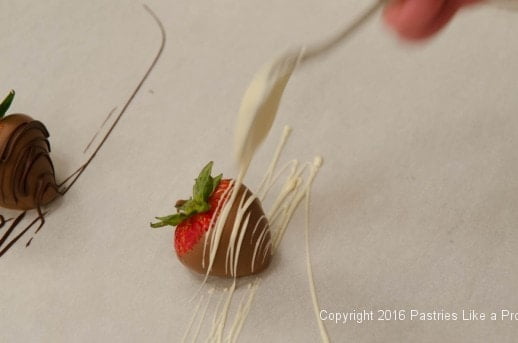 Decorating a dipped strawberry for the Chocolate Strawberry Ruffle Cake