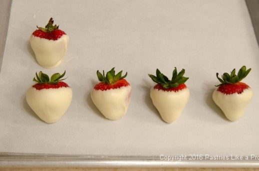 Dipped strawberries for the Chocolate Strawberry Ruffle Cake