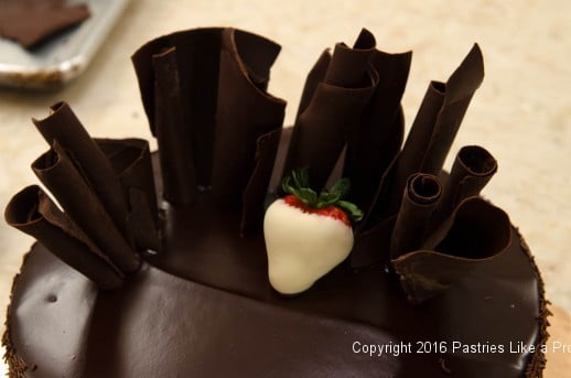 First strawberry on Chocolate Strawberry Ruffle Cake