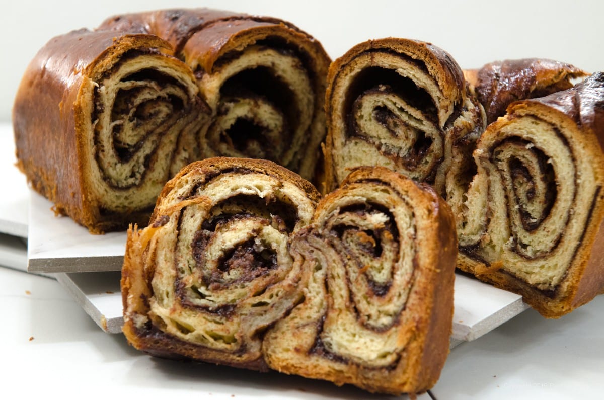 Swirls of nutella filling are encased in a sweet yeast dough.