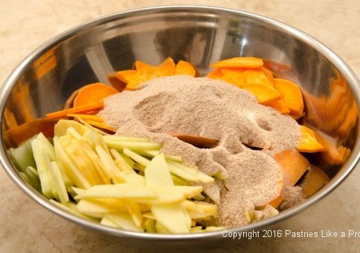 Apples, sweet potatoes, dry ingredients for the Harvest Pie