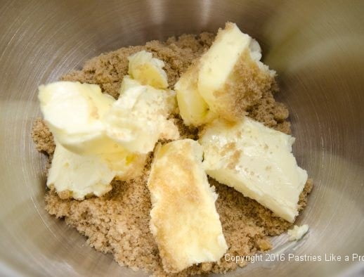 Butter and sugar in mixer for Triple Ginger Crisps
