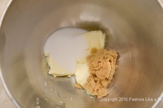 Butter and sugars in mixing bowl for Harvest Pie