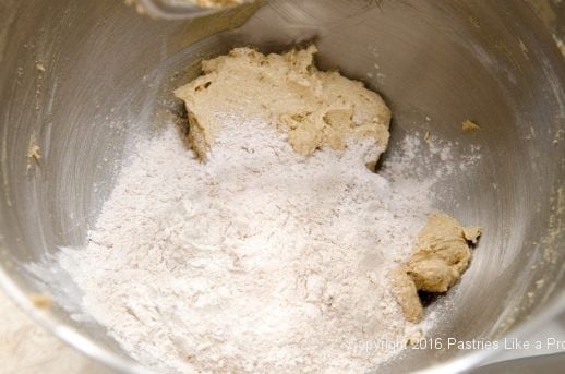 Flour and spices in mixer for Triple Ginger Crisps