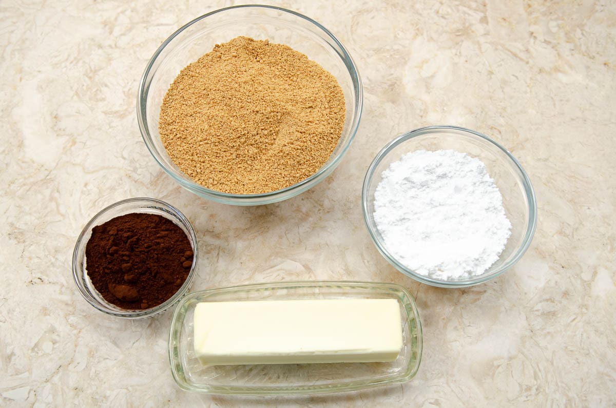 Crust ingredients are graham cracker crums, cocoa, powdered sugar and unsalted butter