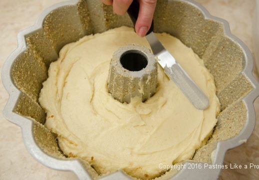 Smoothing batter in pan for the Lemon Rum Bundt Cake