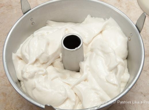 Batter in pan for the Angel Food Cake with Roasted Strawberries