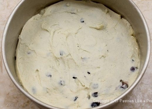 Batter spread in pan for the Blueberry Crumb Coffee Cake