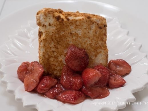 Roasted Strawberries on the plate with he Toasted Angel Food Cake 