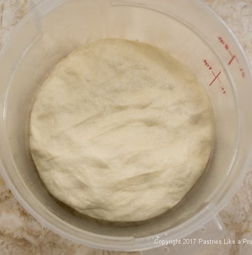 Flattened dough in container for International Flatbread