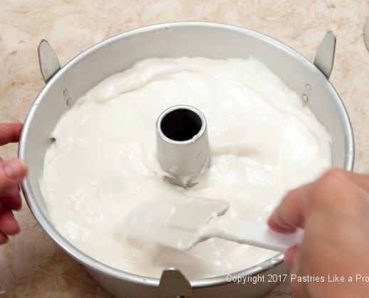 Smoothing batter in pan for Angel Cake with Roasted Strawberries