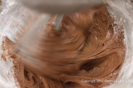 Flour beaten in for the Chocolate Raspberry Marzipan Gateau