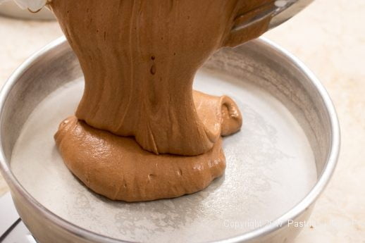 Pouring into pans for the Chocolate Raspberry Marzipan Gateau