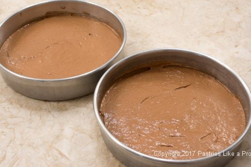 Batter in pans for the Chocolate Raspberry Marzipan Gateau