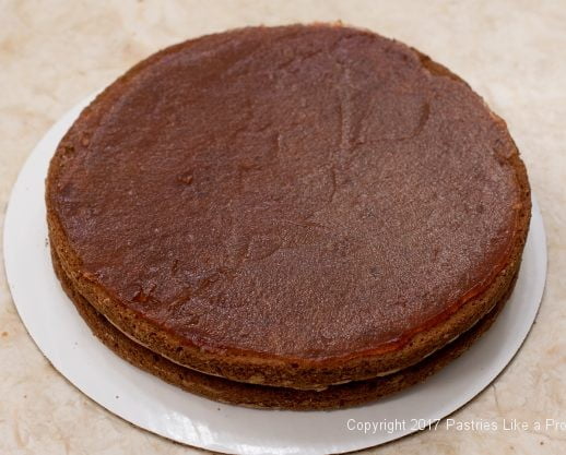 Two layers of cake finished for the Chocolate Raspberry Marzipan Gateau