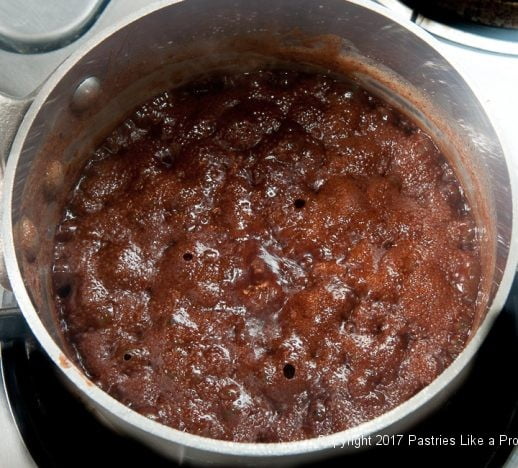 Helen's Hot Fudge Sauce boiling for the Ultimate Hot Fudge Marshmallow Sundae
