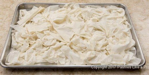 Pan of phyllo drying for the Greek Orange Yogurt Cake