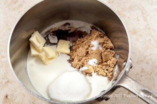 Ingredients in pan for Praline Squares or Pecan Candy