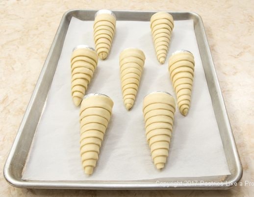 Unbaked tray of horns for Chocolate Marshmallow Cream Horns