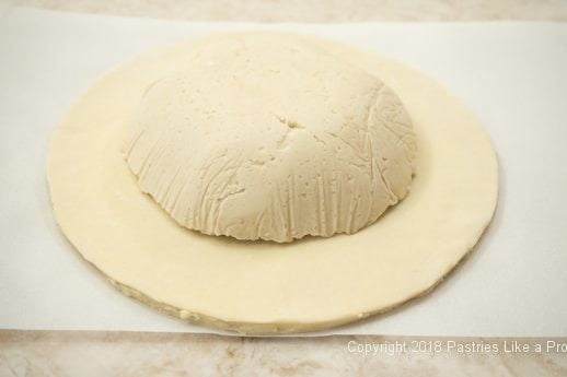 Filling on top of pastry for Pithiviers made with litz Puff Pastry
