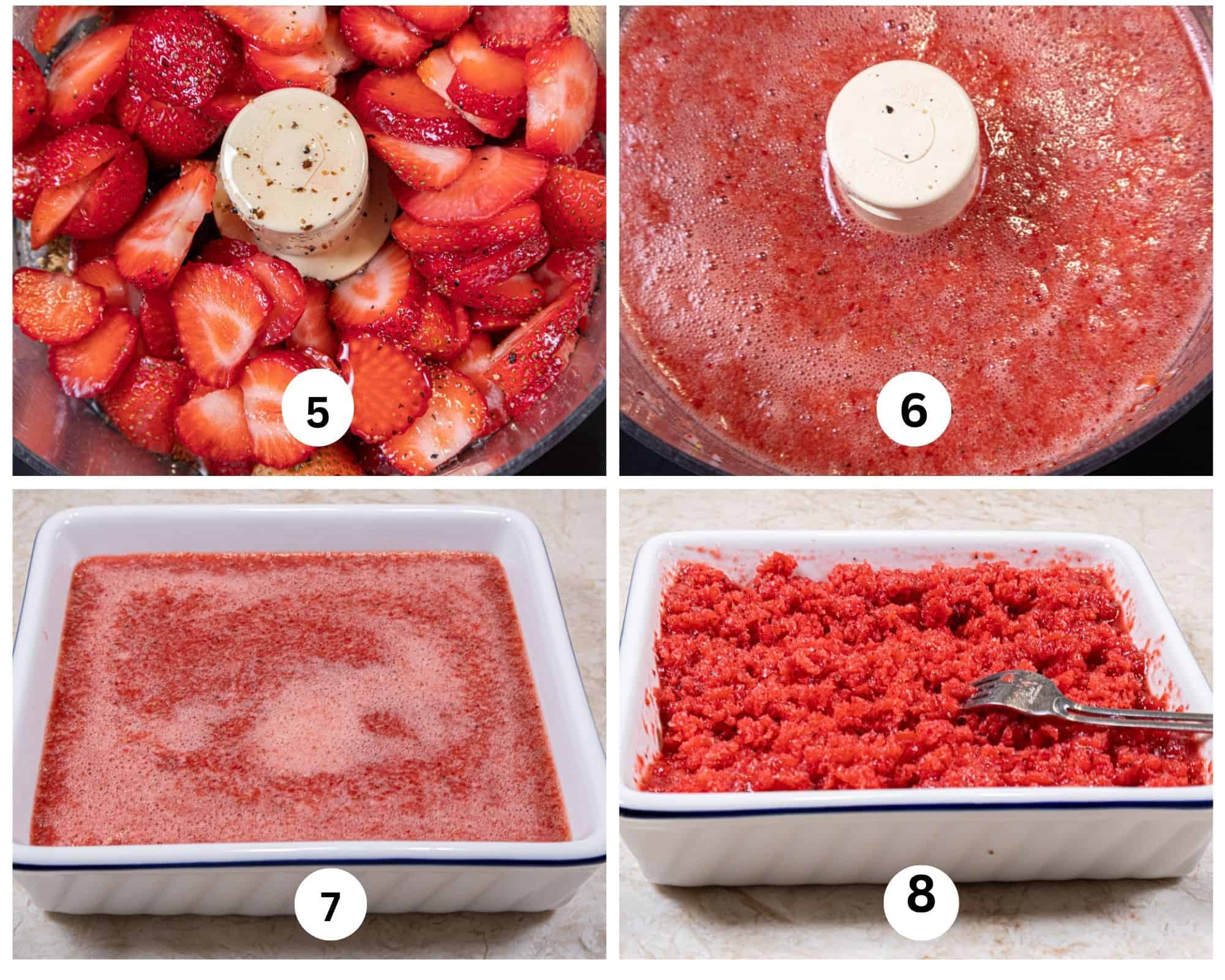 The final collage shows the sliced strawberries in the processor with the simple syrup, then pureed, poured into a glass dish and fluffed up when frozen.
