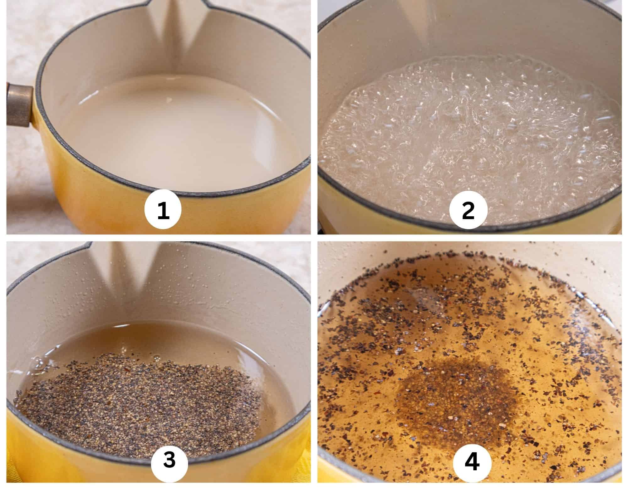 The first collage shows the sugar and water in a saucepan, then boiling, the black pepper added and then the white balsamic vinegar. 